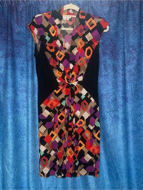 London Times Black Midi Dress with Purple, Orange, Red & Cream Geometric Print